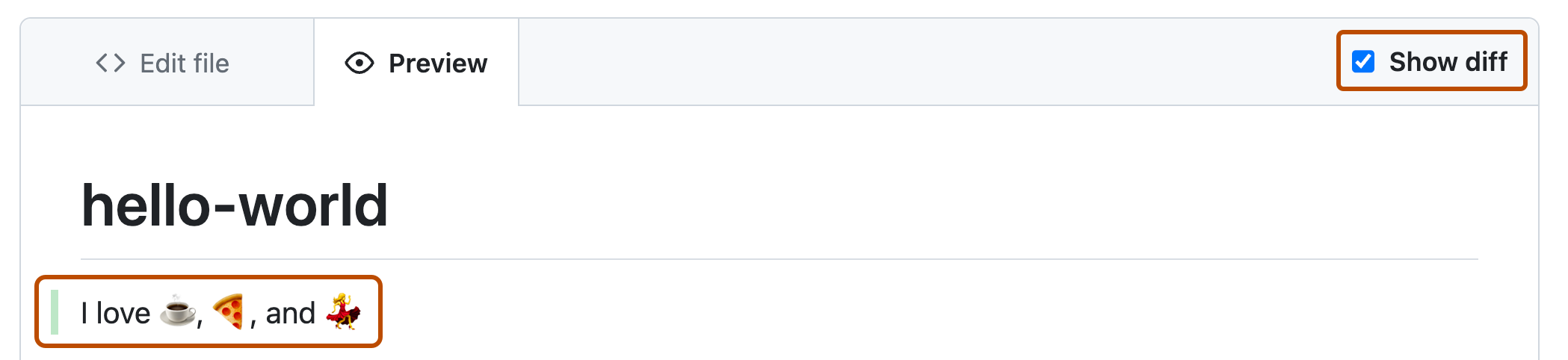 Screenshot of the "Preview" view for a file. A checkbox labeled "Show diff" is selected, and an addition to the file is indicated by a green line marker. Both are outlined in orange.