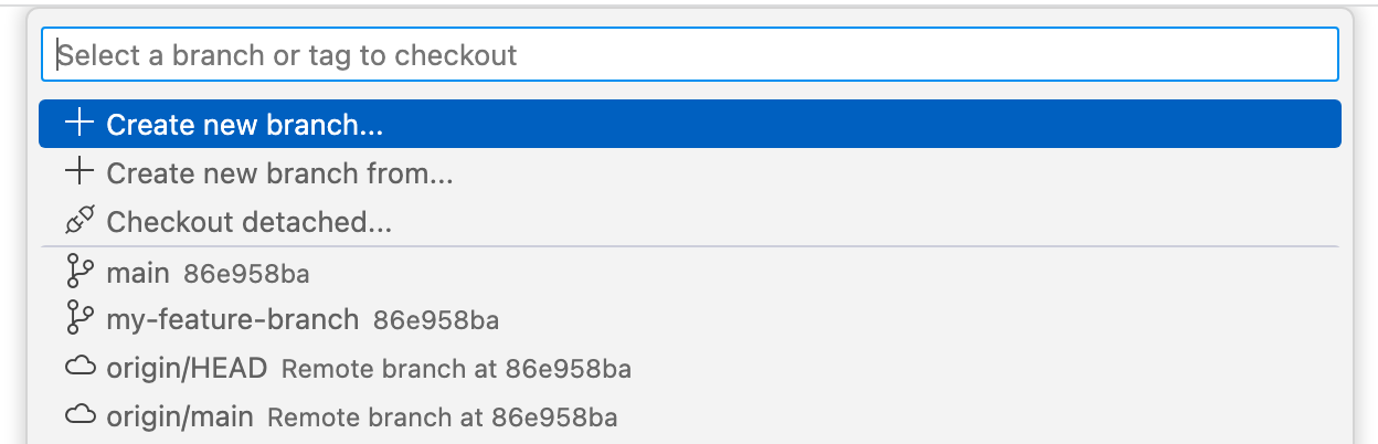 用于在 VS Code 中创建新分支的下拉列表的屏幕截图。