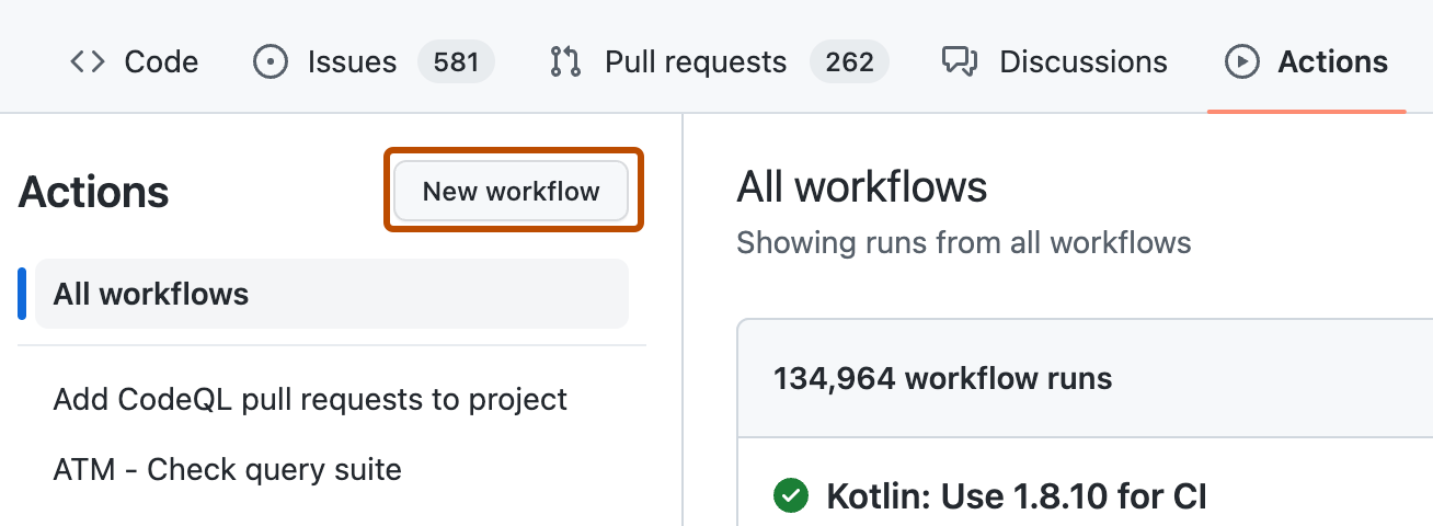 Screenshot of the Actions tab for a repository. The "New workflow" button is outlined in dark orange.