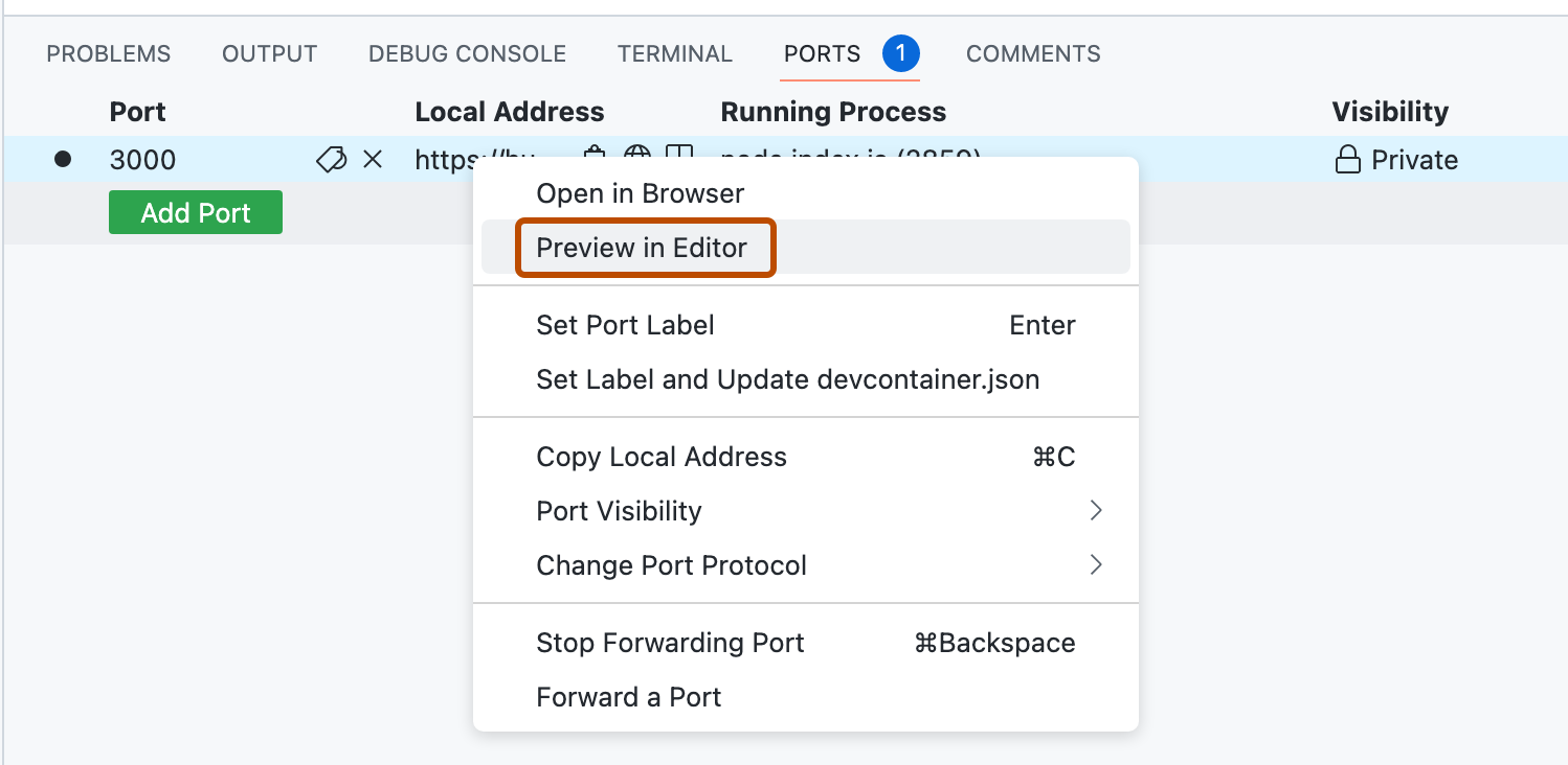 Captura de pantalla del menú emergente en la pestaña Puertos de VS Code. La entrada de menú «Vista previa en el Editor» está resaltada con un contorno naranja oscuro.