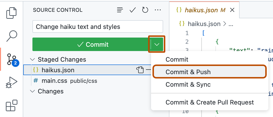 Screenshot des Dropdownmenüs für die Schaltfläche „Commit“. Die Option „Commit & Push“ ist zur Hervorhebung dunkelorange umrandet.