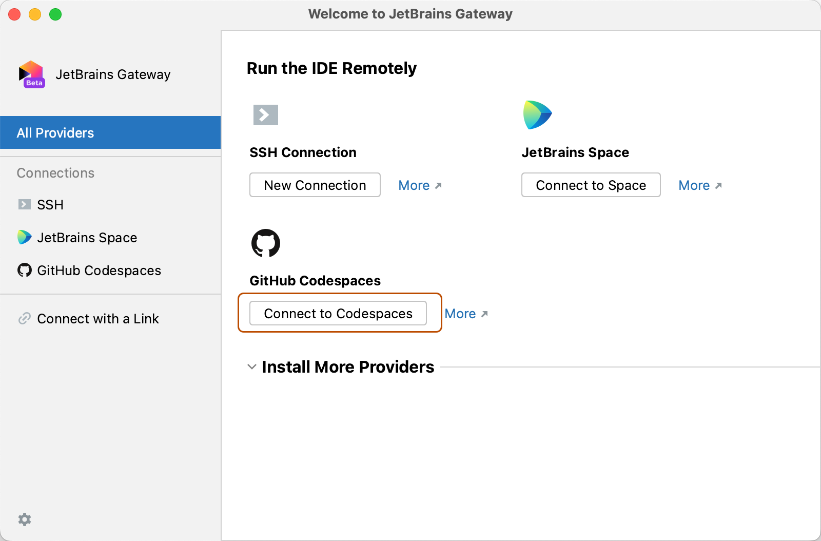 Screenshot des Gateways mit der Schaltfläche „Mit Codespaces verbinden“.