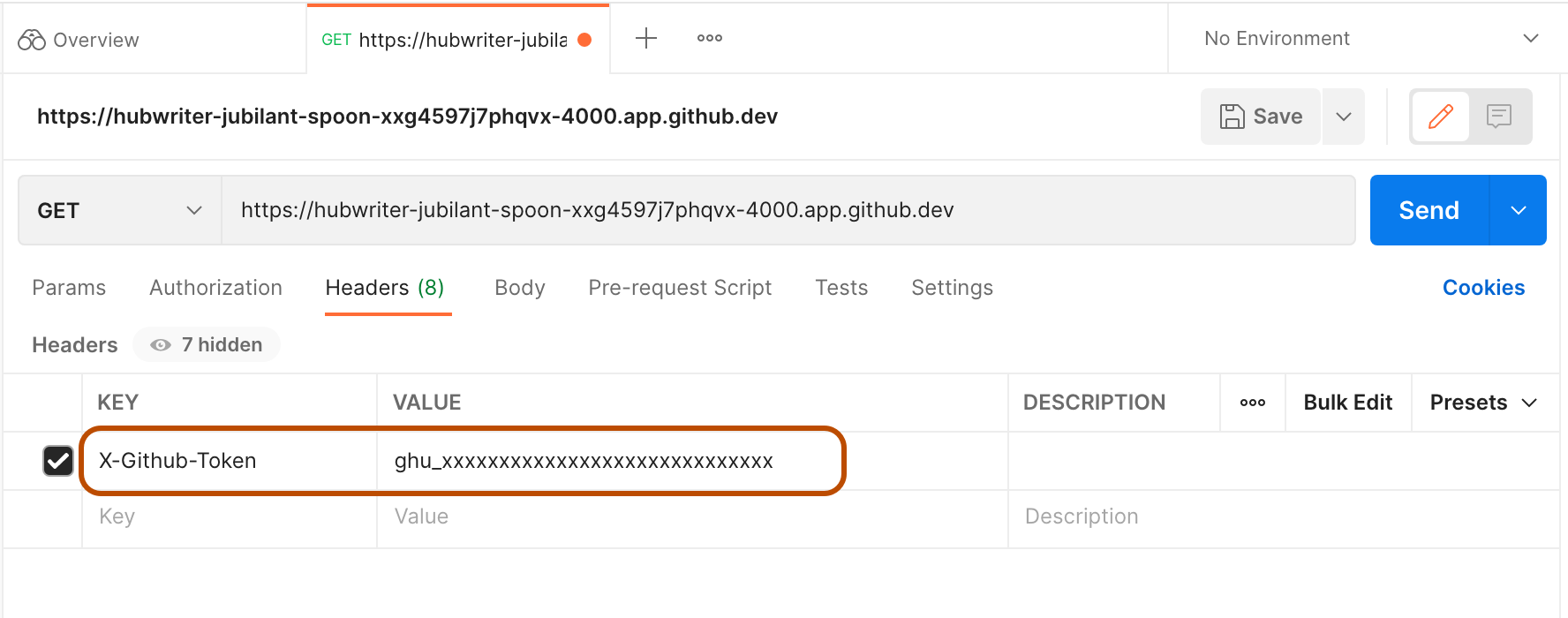 X-GitHub-Token キーの値として Postman に貼り付けられている、ダミーの GITHUB_TOKEN のスクリーンショット。 キーと値が強調されています。