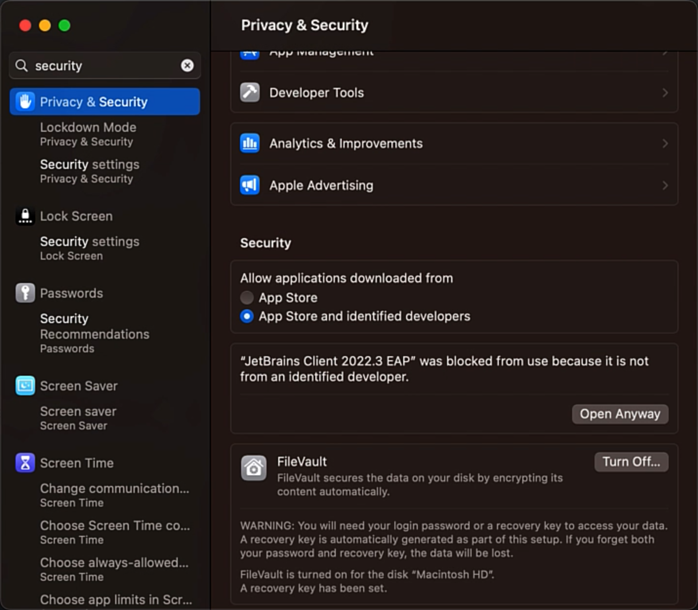 Screenshot of macOS "Privacy & Security" dialog, with a security message above the JetBrains Client and the "Open Anyway" button.