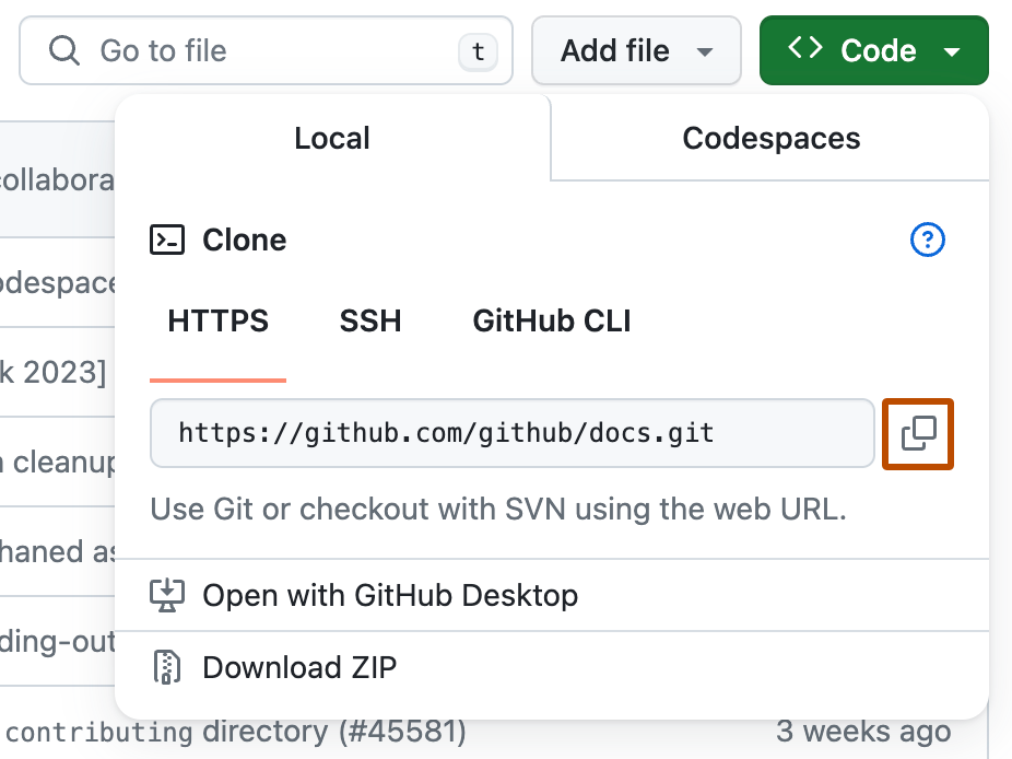 Capture d’écran du menu déroulant « Code ». À droite de l’URL HTTPS du dépôt, une icône de copie est indiquée en orange foncé.