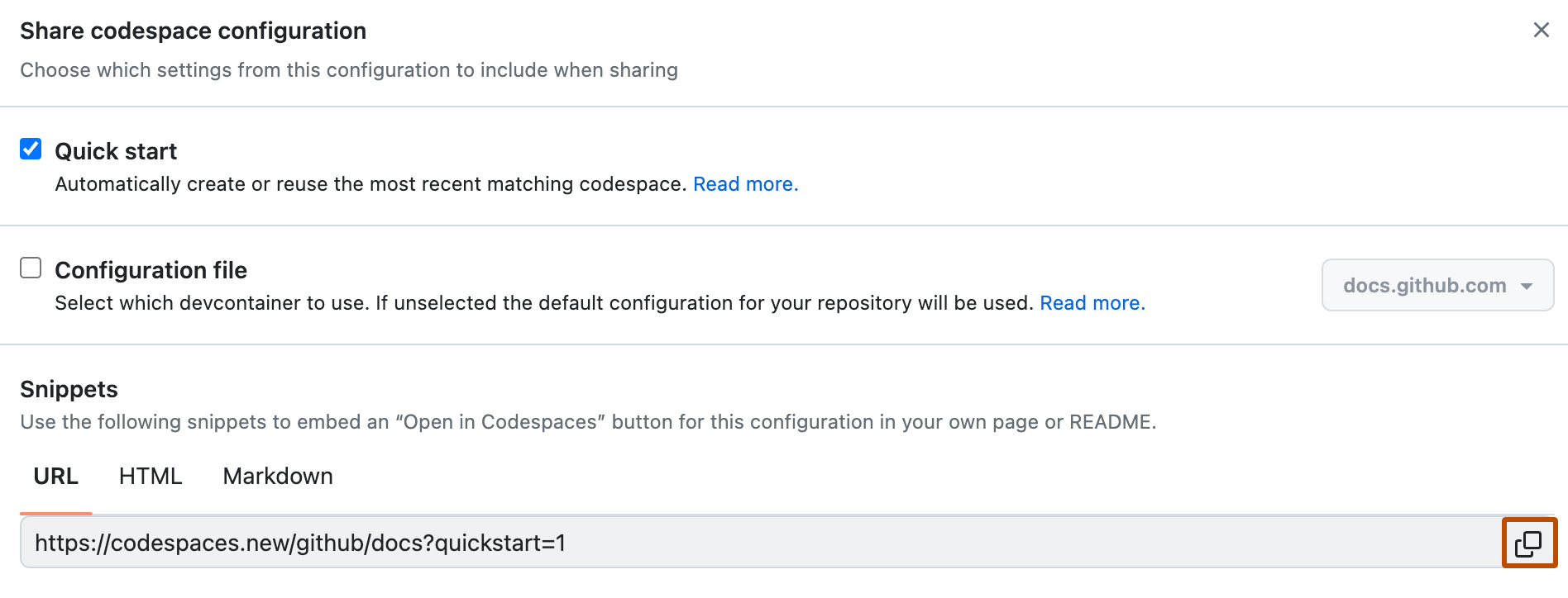 Capture d’écran de la fenêtre « Partager la configuration de codespace ». À côté de l’URL « nouveau codespace », une icône de deux carrés qui se chevauchent est encadrée en orange.