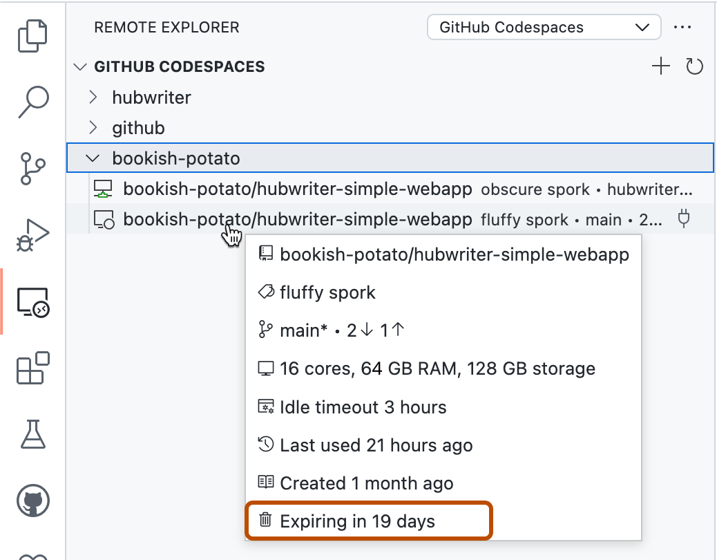 Capture d’écran de la barre latérale « Explorateur distant ». Dans le menu contextuel d’un codespace, « Expiration dans 19 jours » est mis en évidence avec un contour orange.