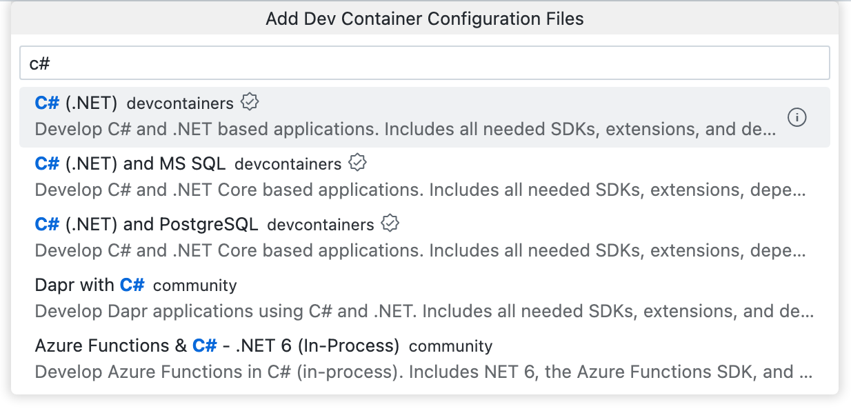 Captura de tela do menu suspenso "Adicionar arquivos de configuração do contêiner de desenvolvimento", com "c#" inserido na caixa de texto e várias opções de C# listadas abaixo.