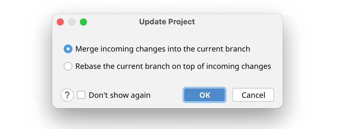 [プロジェクトの更新] ダイアログのスクリーンショット。マージまたはリベースのオプションと、[次回から表示しない] チェックボックスが表示されています。