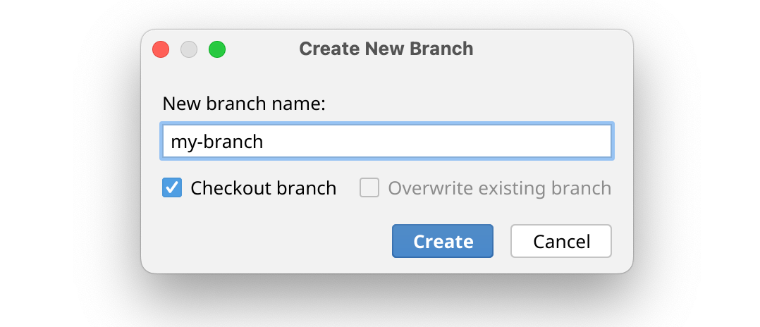 Screenshot des Dialogfelds „Neuen Branch erstellen“ mit den Schaltflächen „Erstellen“ und „Abbrechen“, als Branchname wurde „my-branch“ eingegeben.