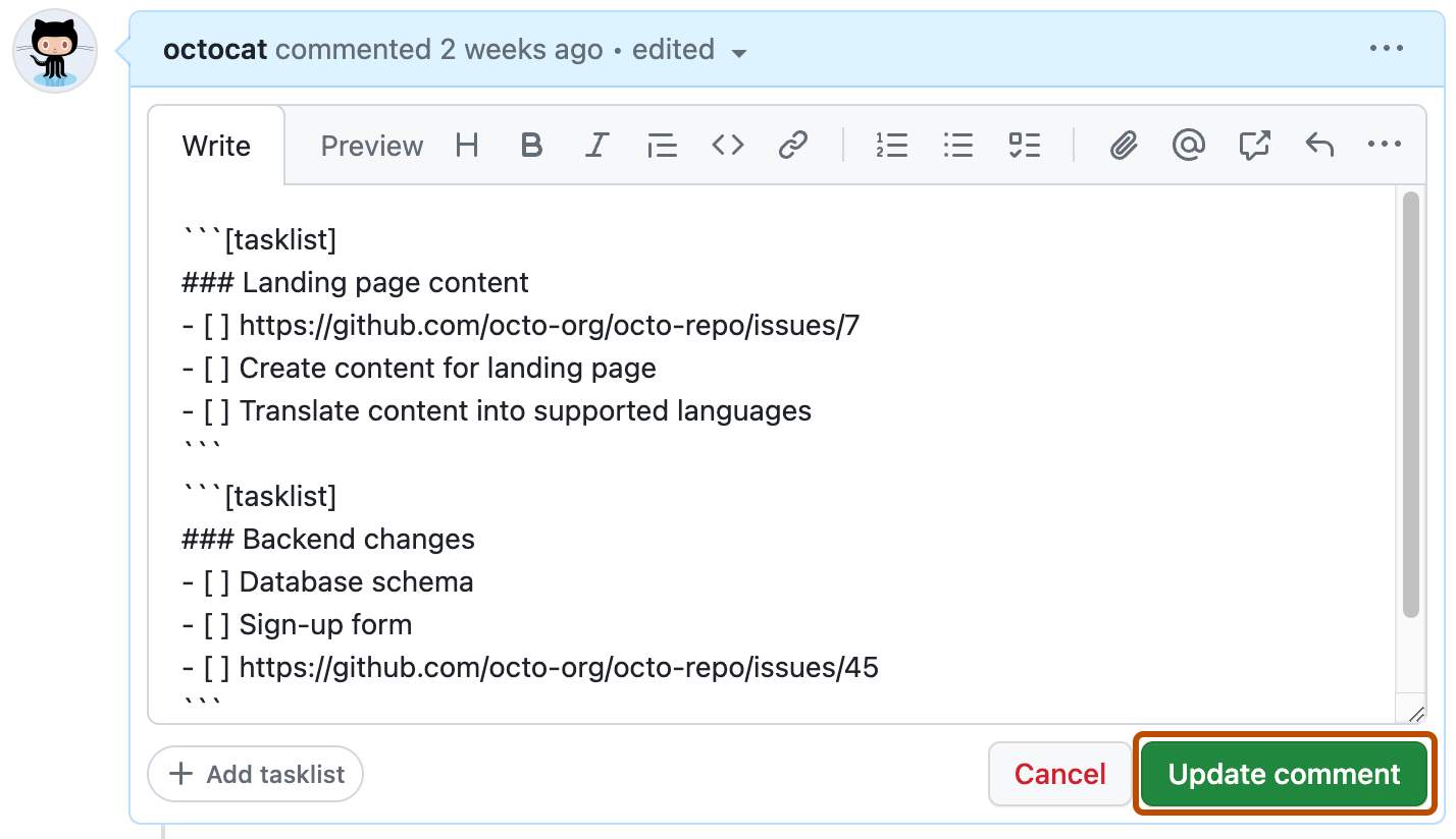 Capture d’écran d’un problème en cours de modification. Deux listes de tâches sont présentes et le bouton « Mettre à jour le commentaire » est mis en évidence avec un encadré orange.