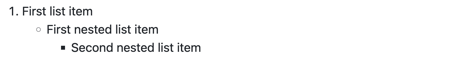 Снимок экрана: отрисованный GitHub Markdown с нумерованным элементом, за которым следует маркированный элемент, вложенный один уровень справа, а другой маркированный элемент вложен еще дальше справа.