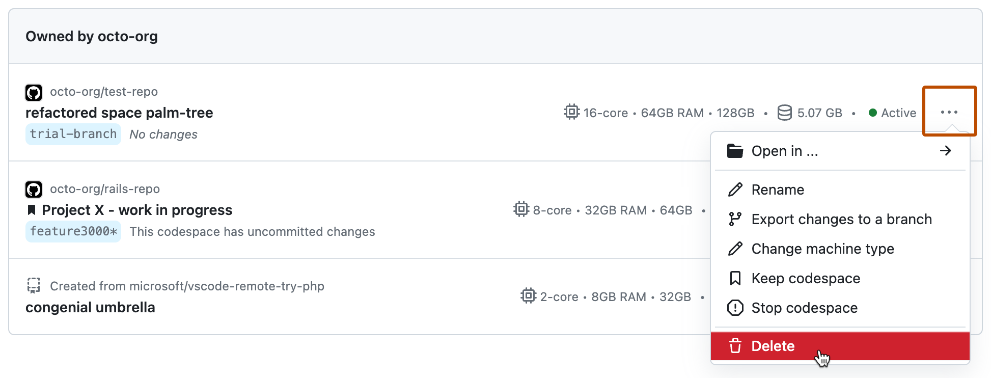 codespace 一覧と、その 1 つのドロップダウン メニューを示すスクリーンショット。[削除] オプションが表示されています。