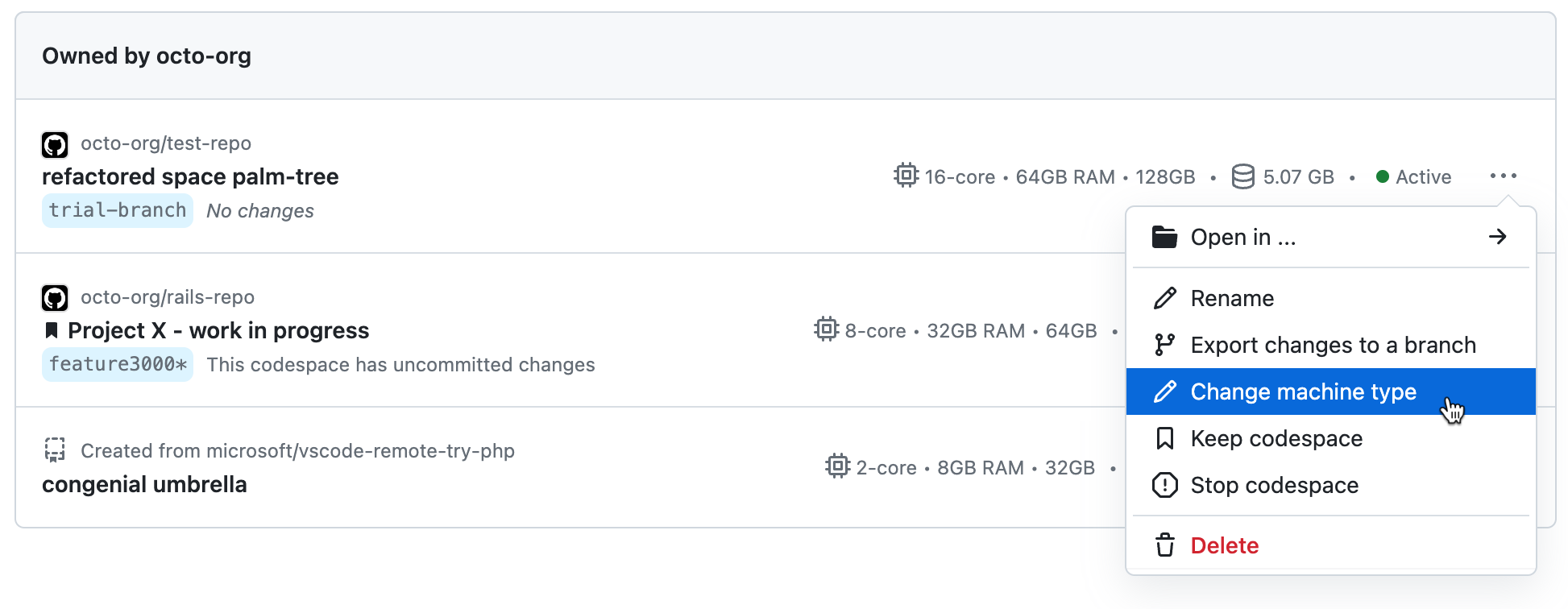 codespace 下拉菜单的屏幕截图。 突出显示了“更改计算机类型”选项。