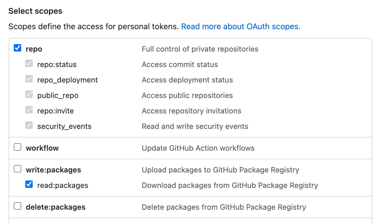 Capture d’écran des options de configuration « Sélectionner les étendues » pour un personal access token (classic), avec les étendues « référentiel » et « read:packages » sélectionnées.