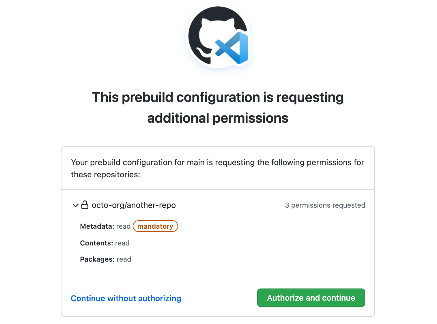 Screenshot: Autorisierungsseite für eine Prebuildkonfiguration. In dieser Anforderung sind drei Berechtigungen aufgeführt.