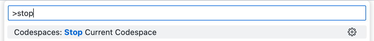 Capture d’écran de la palette de commandes avec le texte à rechercher « stop » et l’option « Codespaces : arrêter le codespace actuel ».