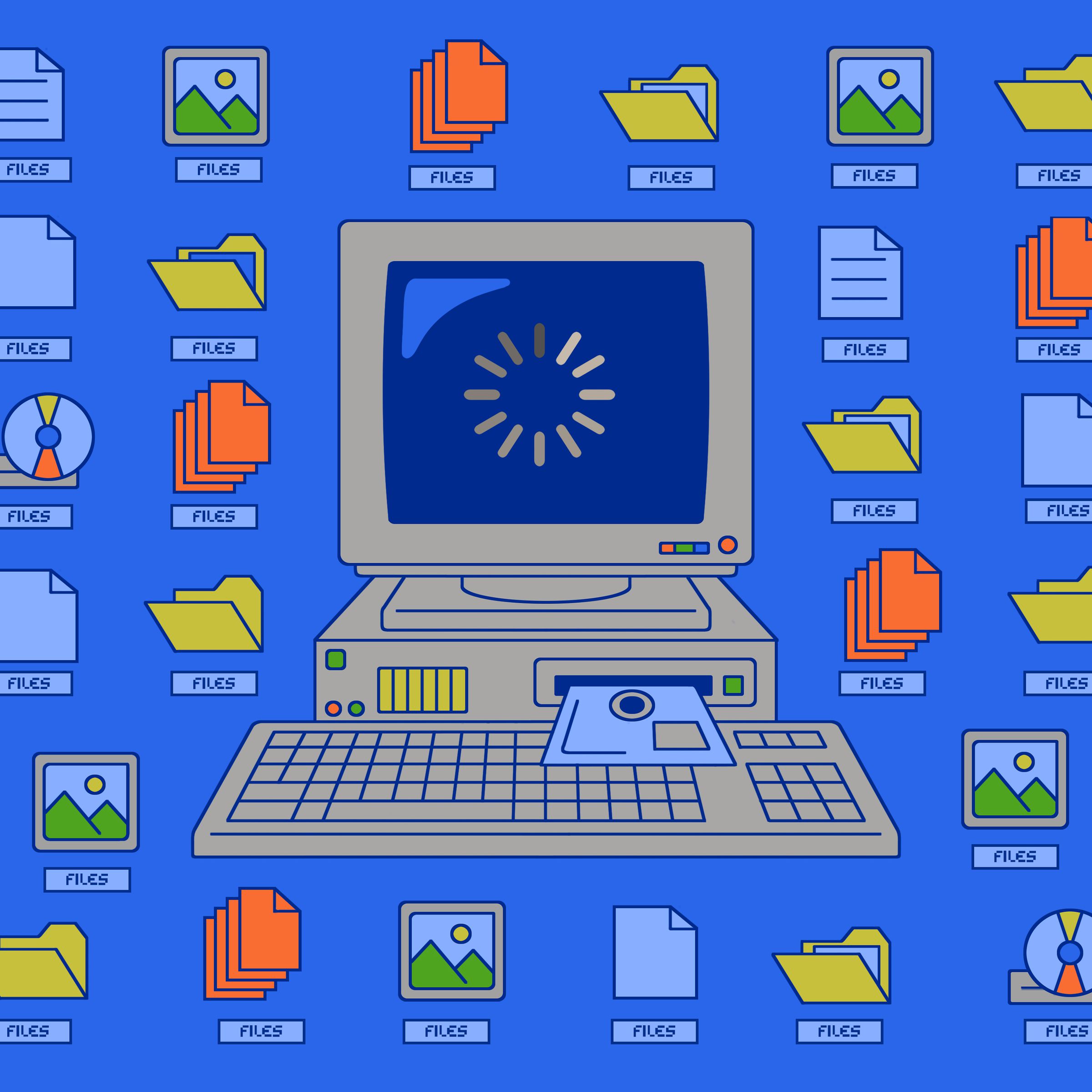 Illustration of a crowded desktop full of files.