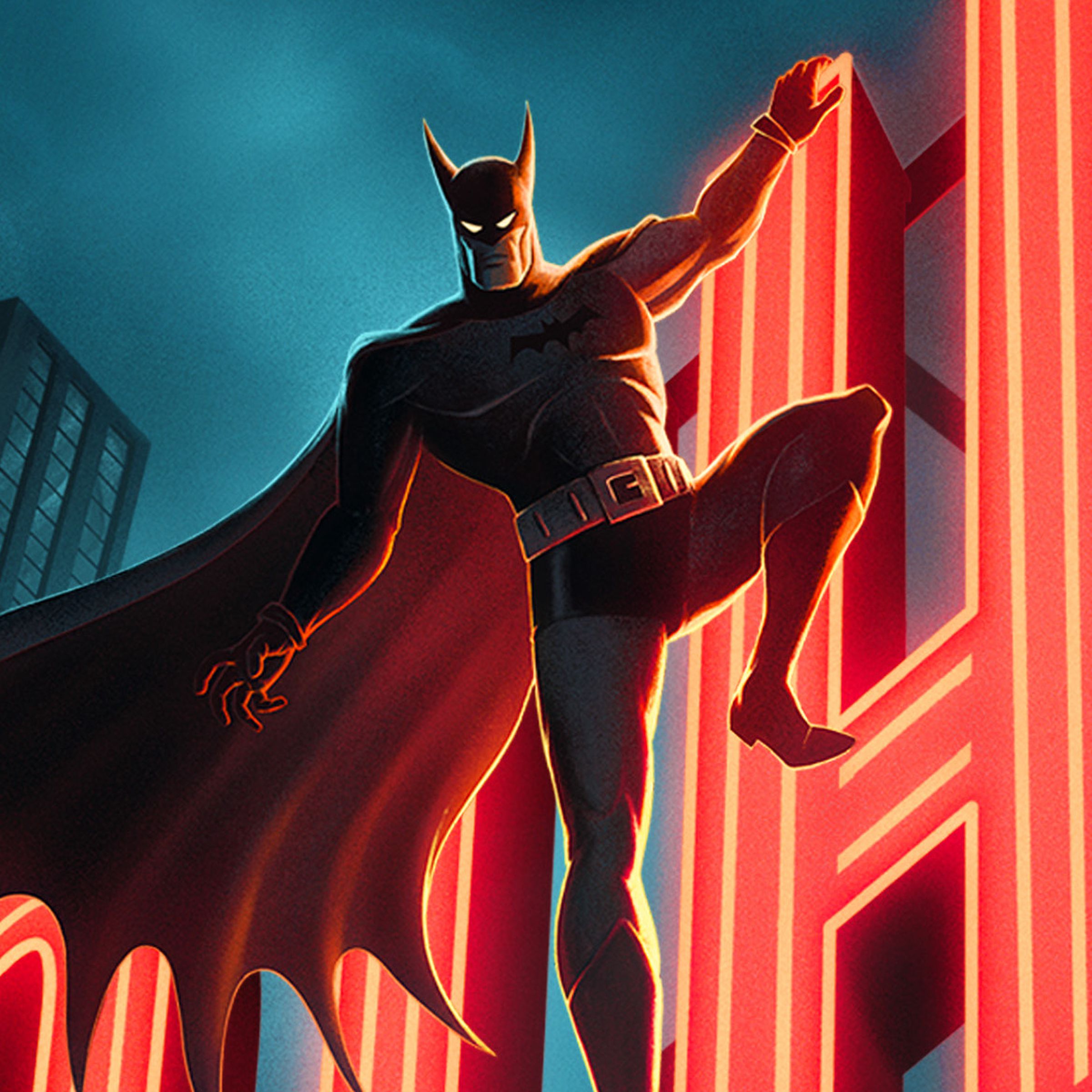 Batman hanging off a neon h.