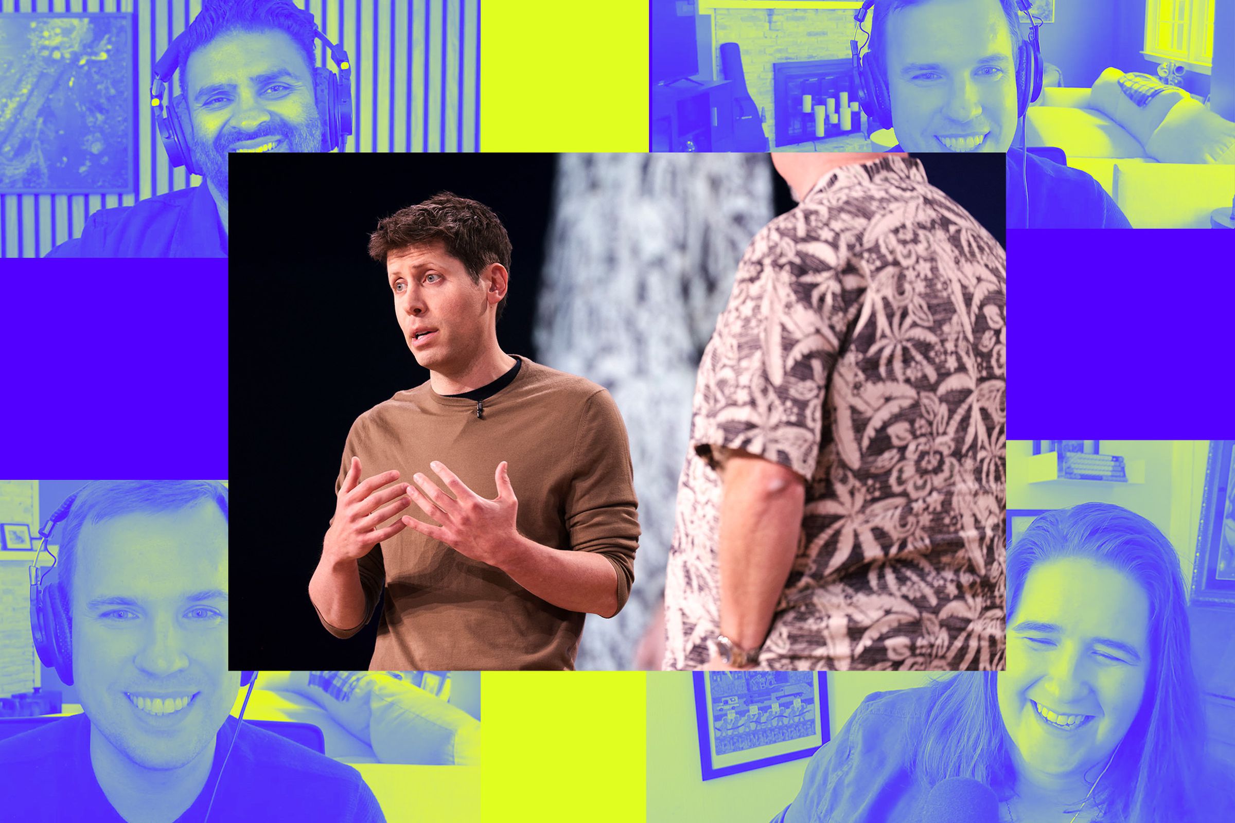 A photo of Sam Altman over a Vergecast illustration.