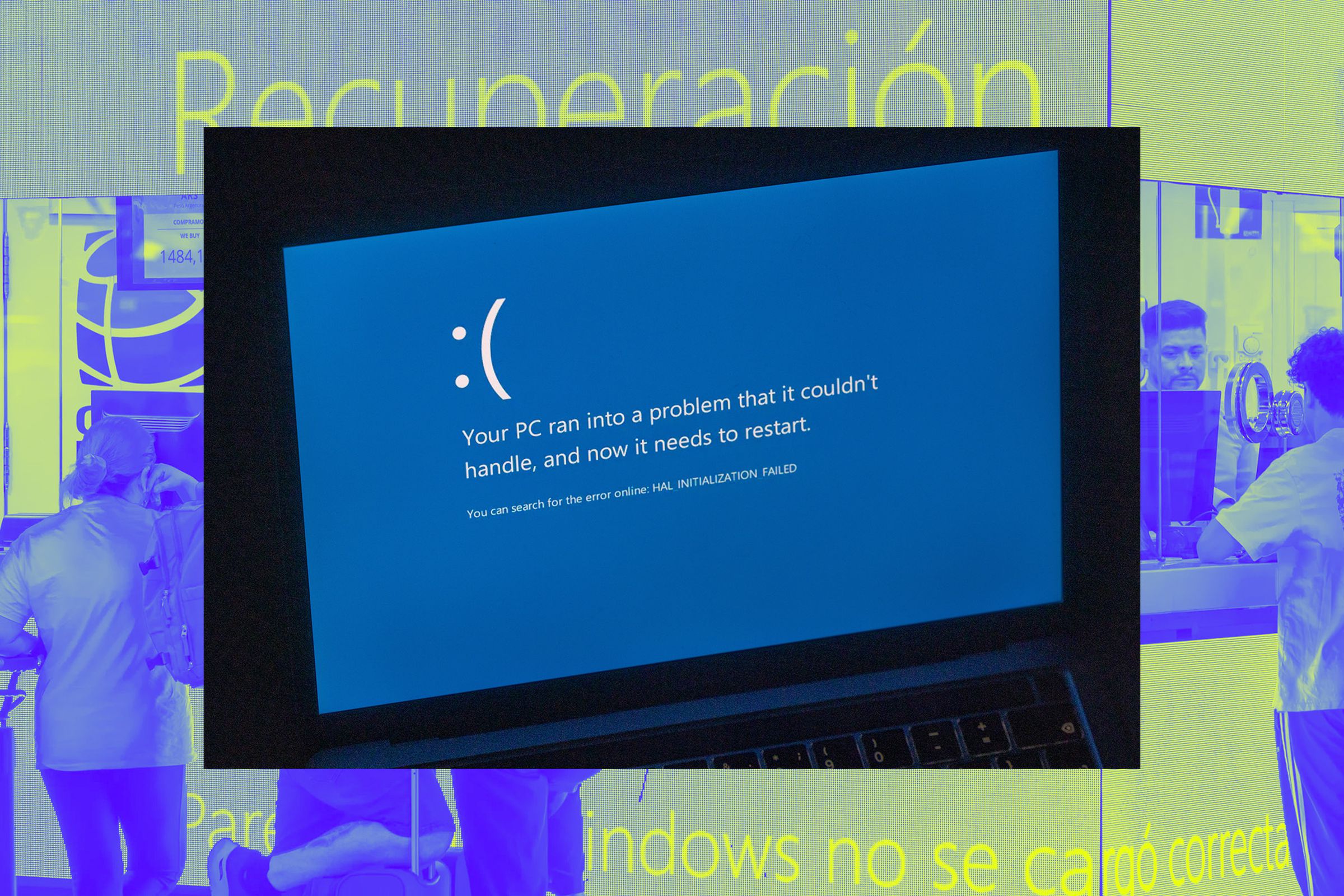 An image of a crashed Windows PC over a Vergecast illustration