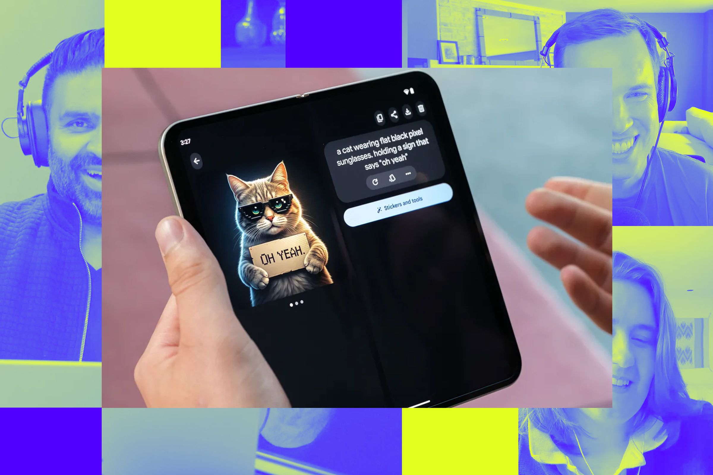 A photo of the Google Pixel 9 Pro Fold over a Vergecast illustration.