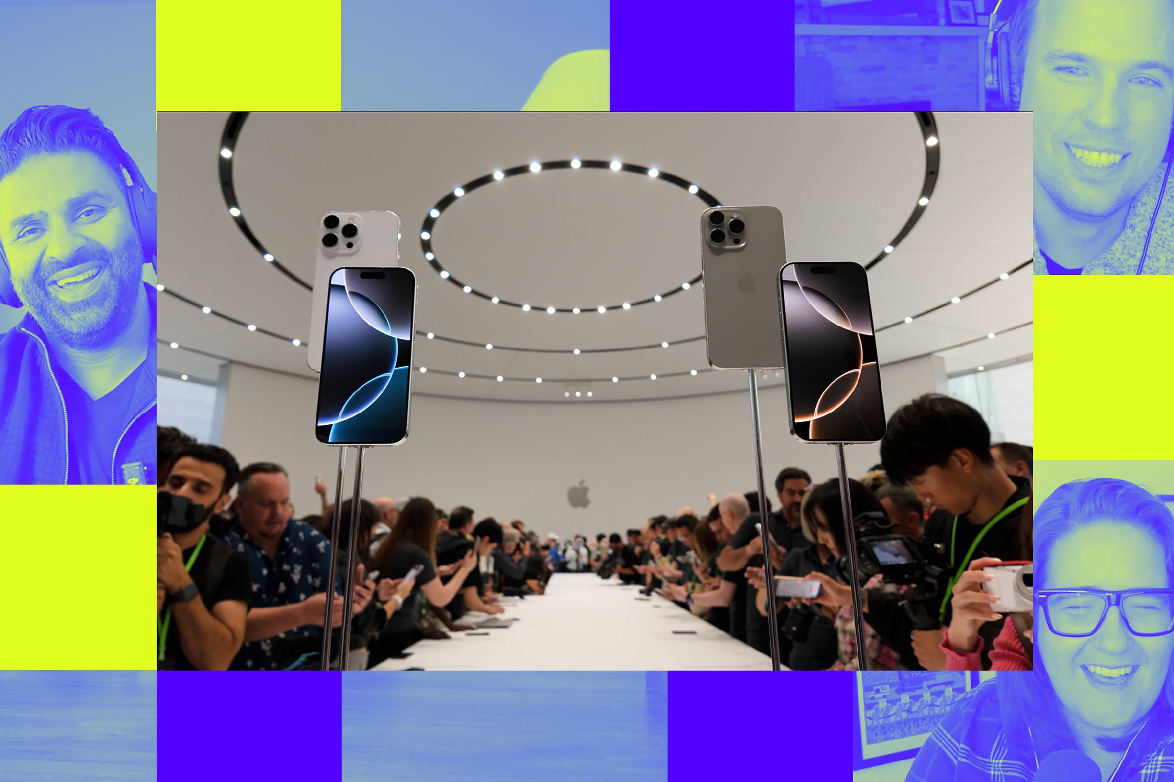 A photo of the iPhone 16 launch event, over top of a Vergecast illustration.