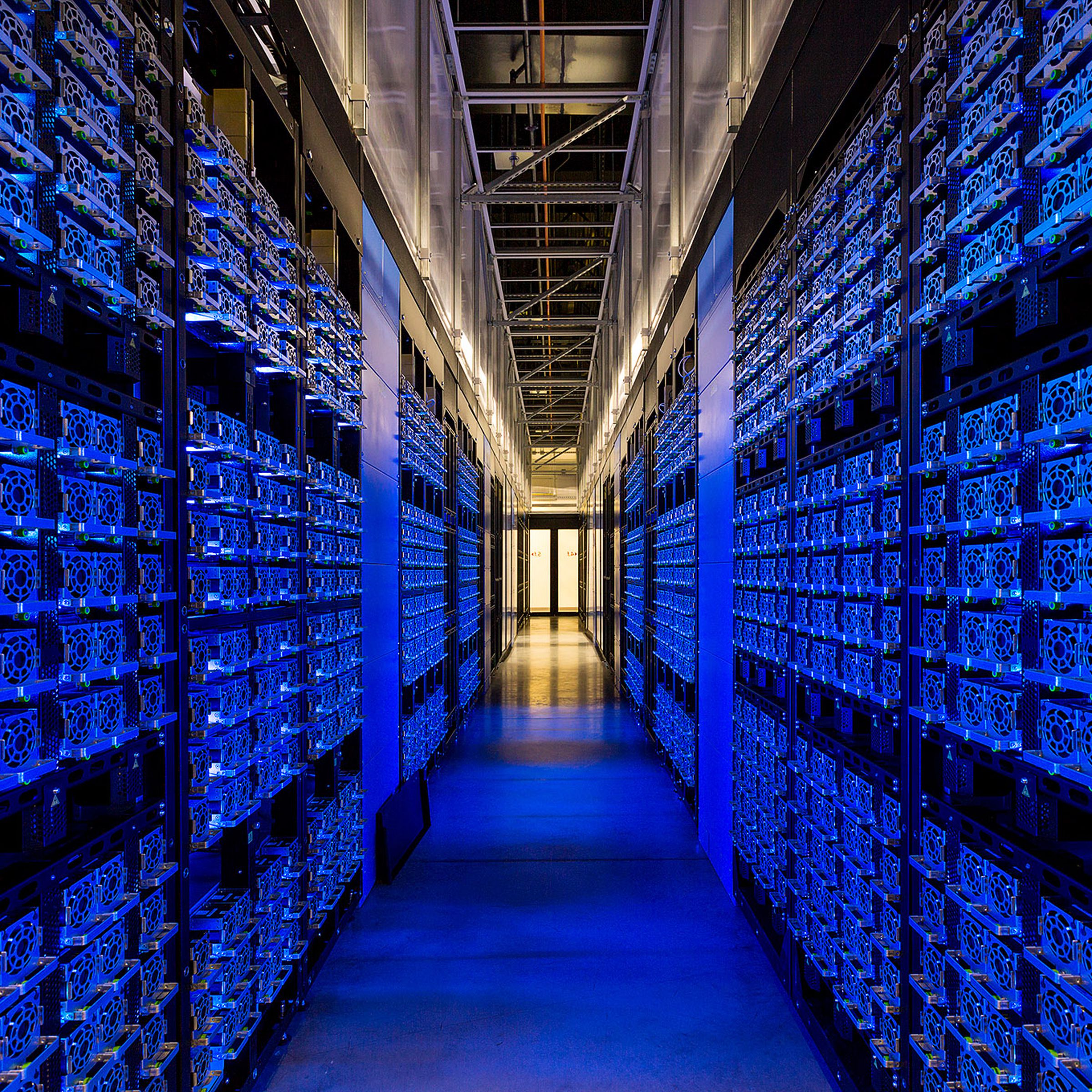 A photo of server racks in Facebook’s Prineville, Oregon data center. 