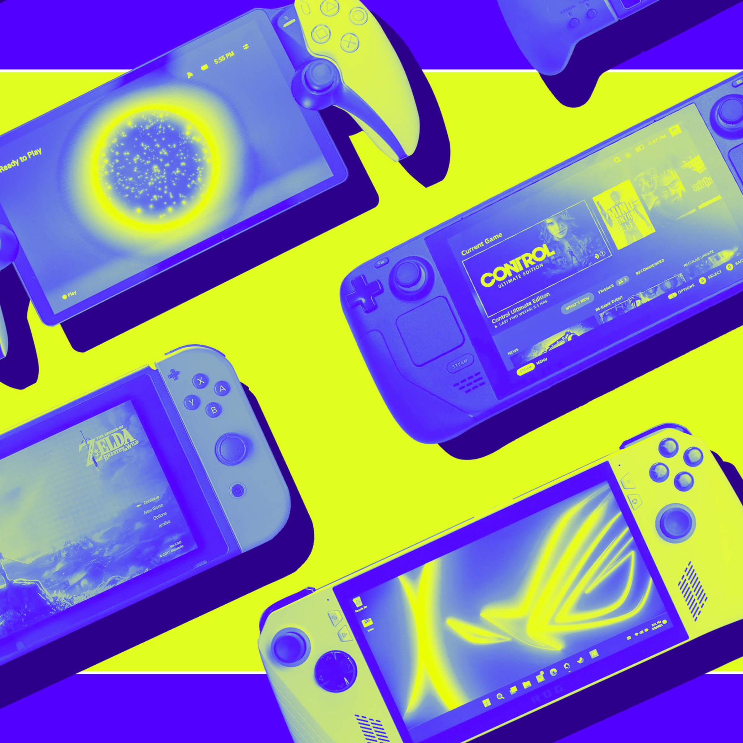 An illustration of several handheld game consoles, in Vergecast colors.