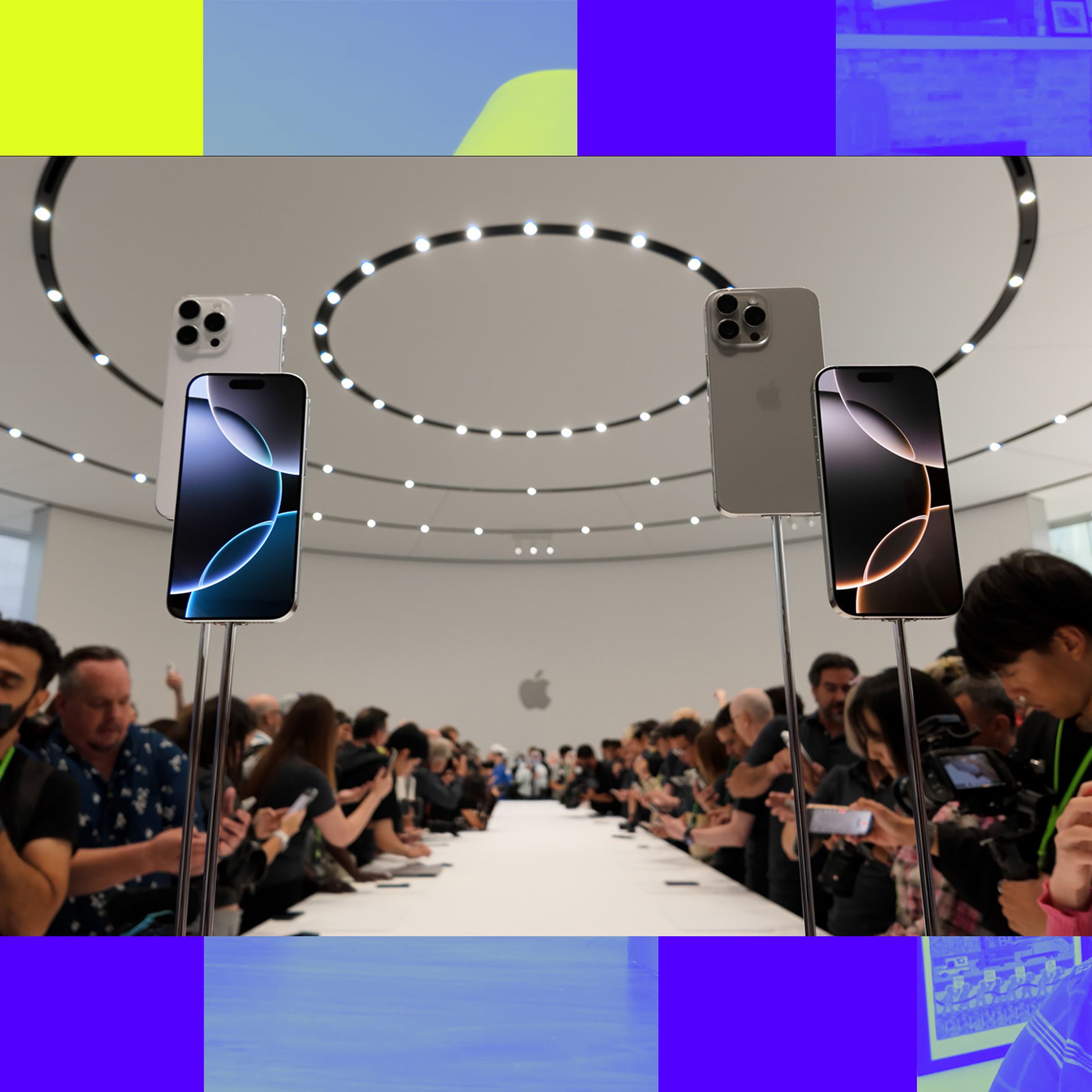 A photo of the iPhone 16 launch event, over top of a Vergecast illustration.