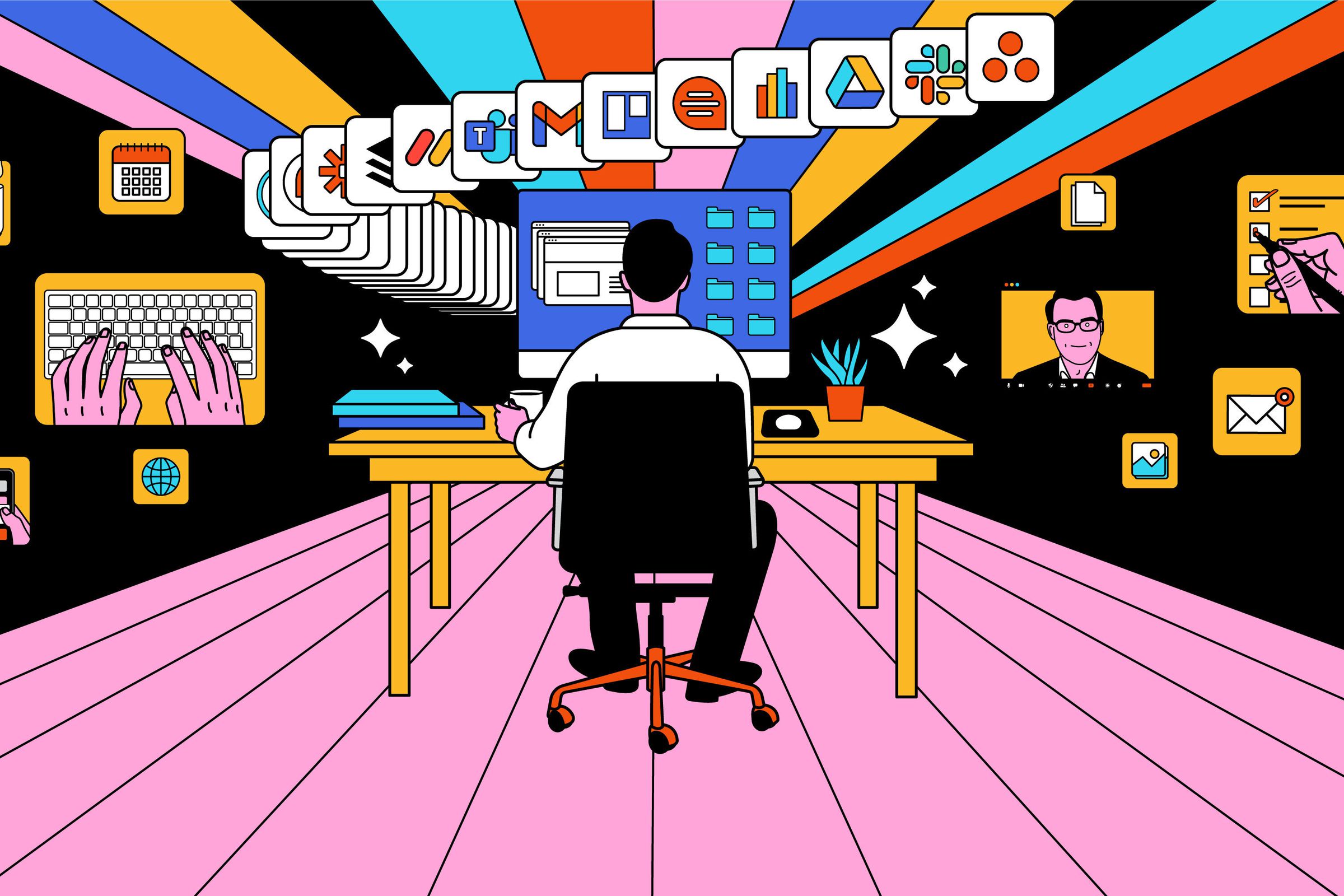 An illustration of a person sitting in front of a computer, surrounded by productivity apps.