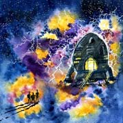 The background is a starry, lightning-filled square in blues, purples, and yellows. Atop that, there is a spaceship, somewhat like a rocket, with engines coming out of the sides. There are yellow lights shining from it, and a ladder reaches up to a central archway. John, Alison and Liz are depicted as silhouettes, regarding it with wonder. Their shadows stretch off the canvas, and they look faintly alien or futuristic in a hard-to-define manner.