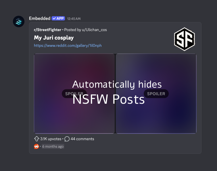 Embedded Discord Bot screenshot showing Reddit embed being processed and improved - demonstration of embed fixing functionality