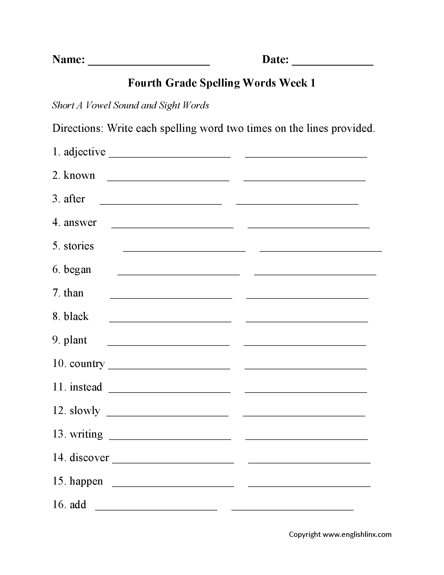 Week 1 Short A Vowel Fourth Grade Spelling Worksheets