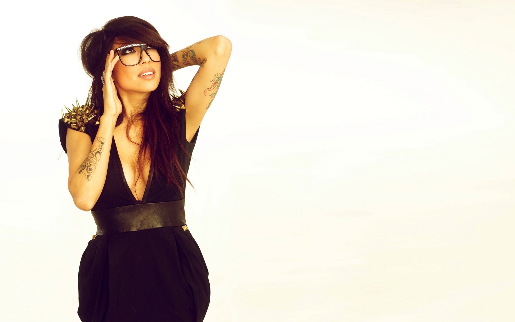 Beautiful Brunette Girl Alie Layus Tattoos Glasses