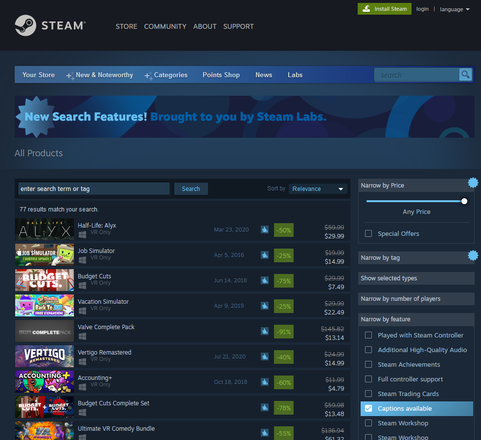 Screen shot of Steam's apps filtered for captions