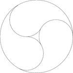 Design made by drawing one large circle and then three circles that are internally tangent to the original circle and externally tangent to each other. The lines of centers of the inner circles form an equilateral triangle.. Erase one side of each of the smaller circles to create the design. It resembles the yin and yang symbol.