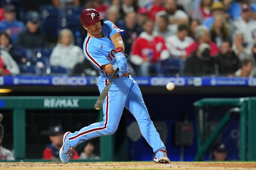 .T. Realmuto #10 of the Philadelphia Phillies bats against the Atlanta Braves at Citizens Bank Park