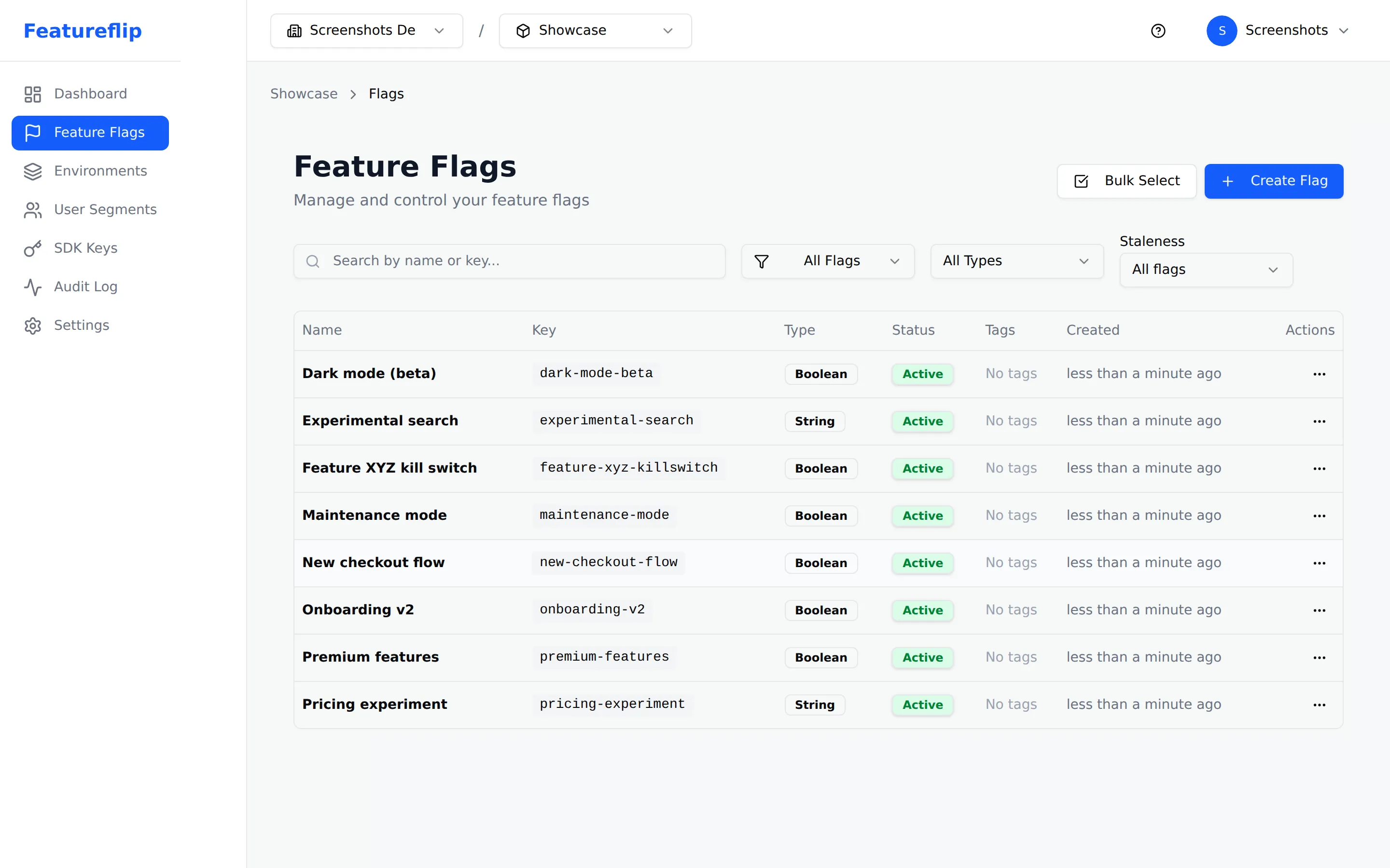 Featureflip dashboard showing eight feature flags across development and production environments, with toggle states and types