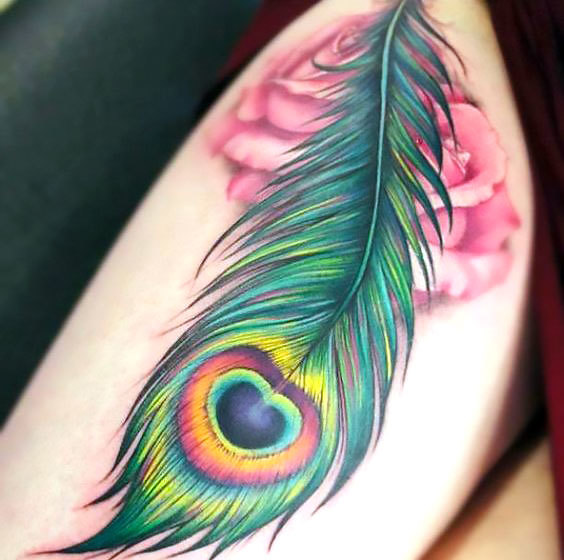 Peacock Feather and Flower Tattoo Idea