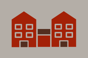 Simple illustrationg of a building with two tall sections and a shorter section in-between, connecting them. 