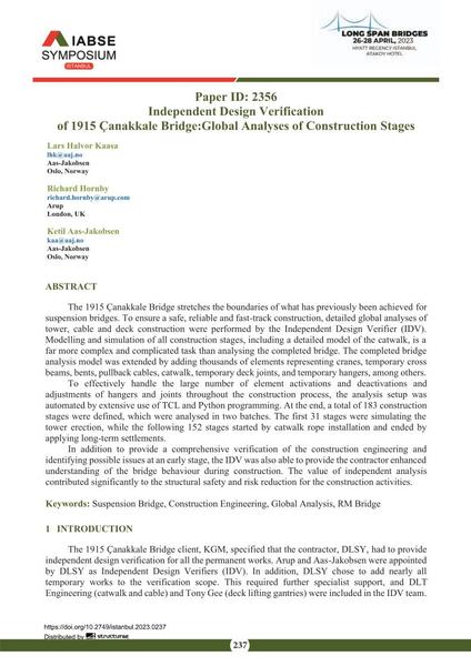  Independent Design Verification of 1915 Çanakkale Bridge:Global Analyses of Construction Stages