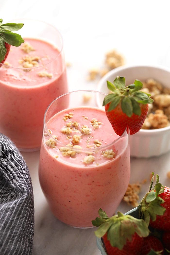 Strawberry smoothie in a glass.