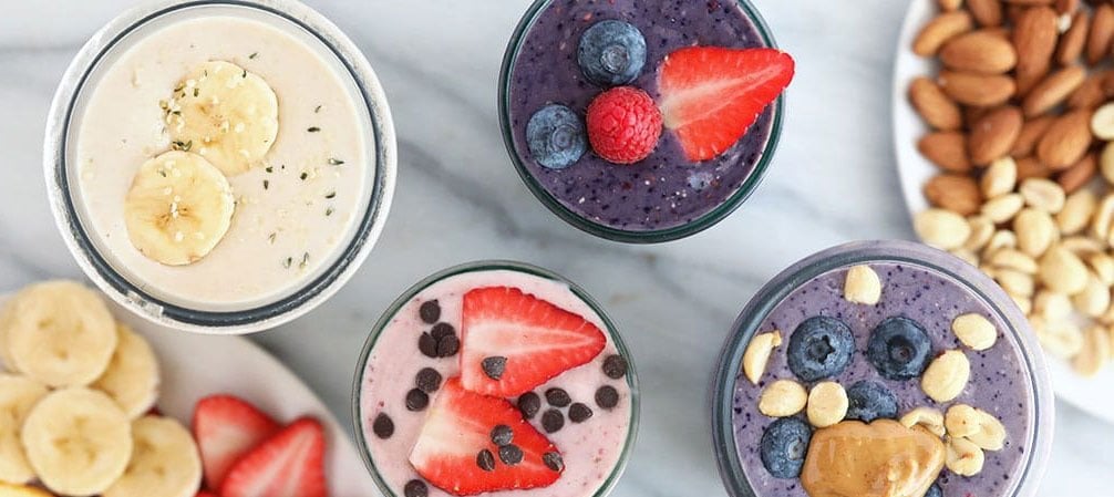 protein shakes on counter.