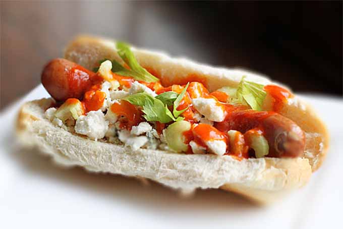 Buffalo Chicken Hot Dog topped with crumbled blue cheese, chopped celery leaves, and hot sauce, on a white plate.