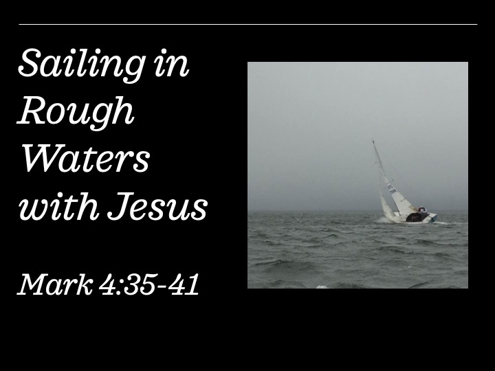 Title slide with a photo of a sailboat in fog heeled over in the wind