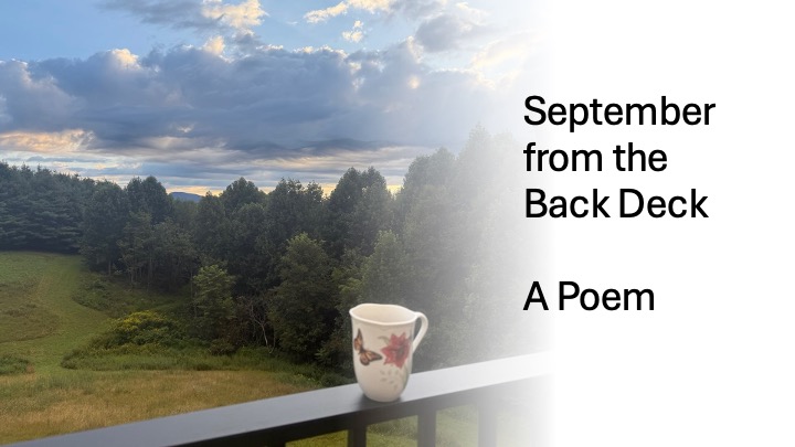 title slide with a mug of hot tea on deck railing