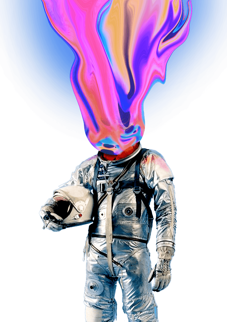 An artpiece depicting an astronaut whose head is on fire