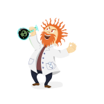 Vector clip art of mad scientist with a retort in his hand