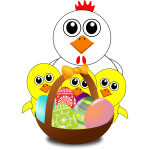 Chicken and chicks behind Easter eggs basket vector illustration